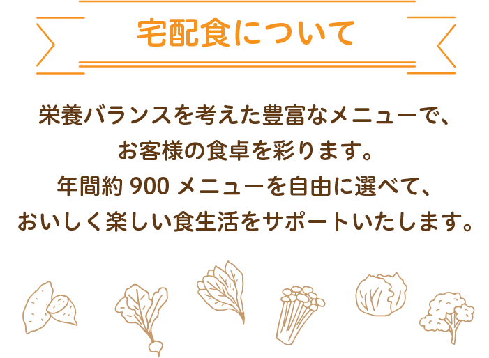 宅配食について　栄養バランスを考えた豊富なメニューでお客様の食卓を彩ります。年間約900メニューを自由に選べておいしく楽しい食生活をサポートいたします。